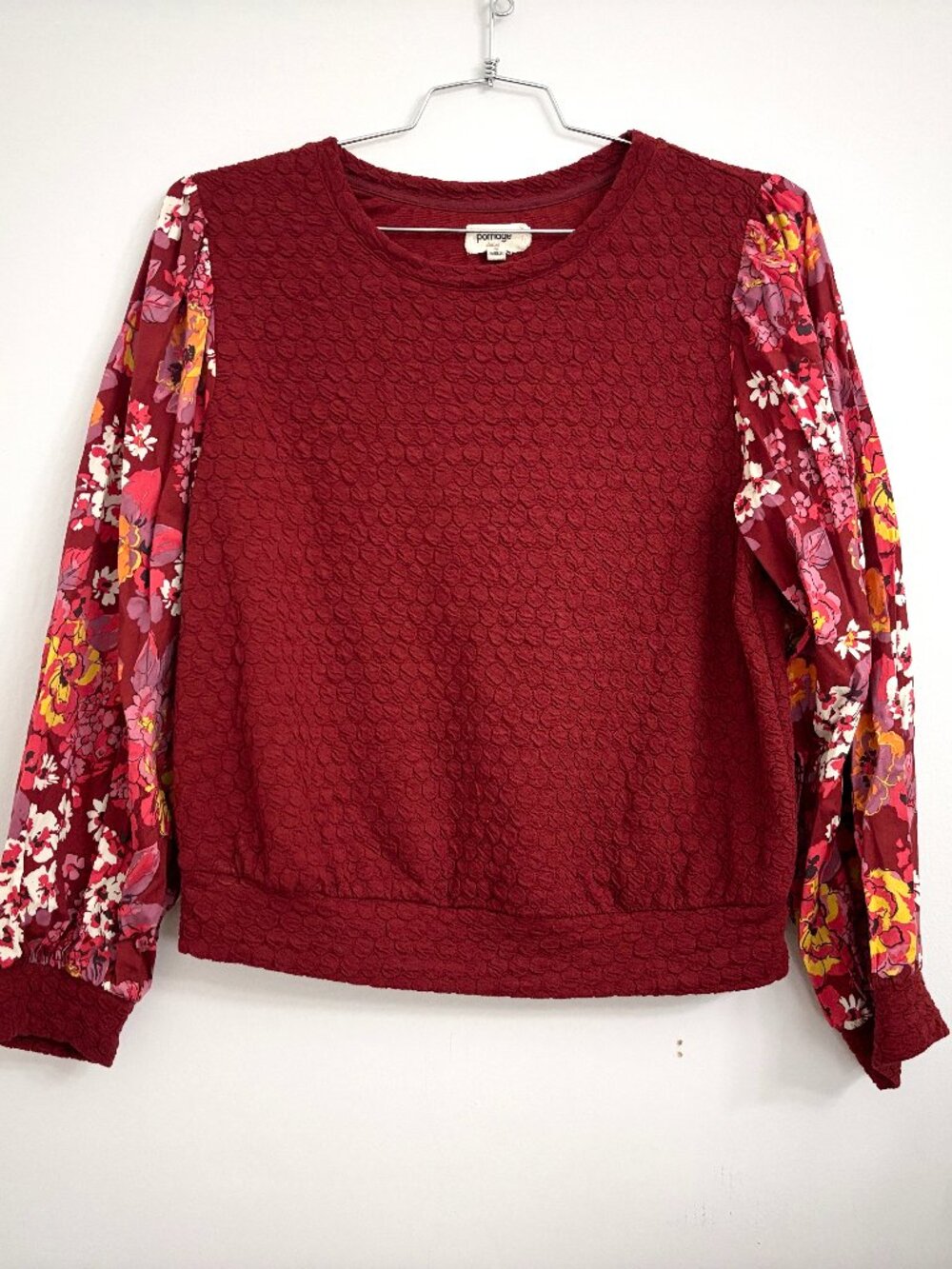 Anthropologie Burgundy Knit Sweater with Floral Balloon Sleeves
